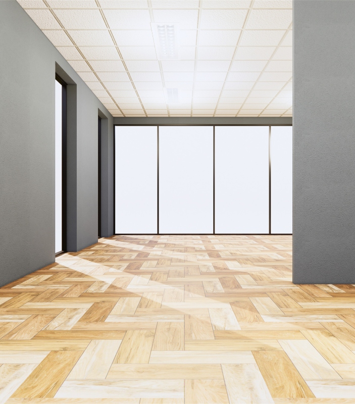 empty room interior with wooden floor on white wall background. 3d rendering